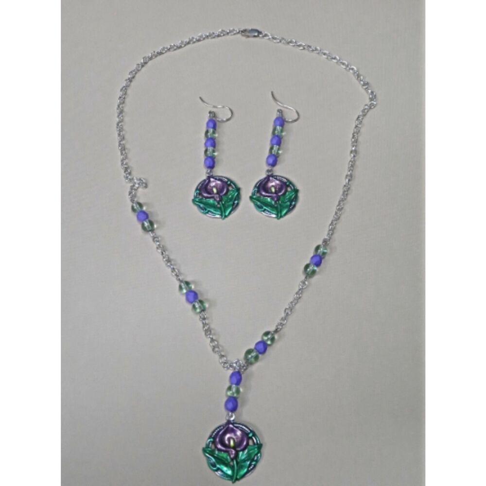 Purple & Green Lilly beaded handpainted necklace & earring set with 925 findings